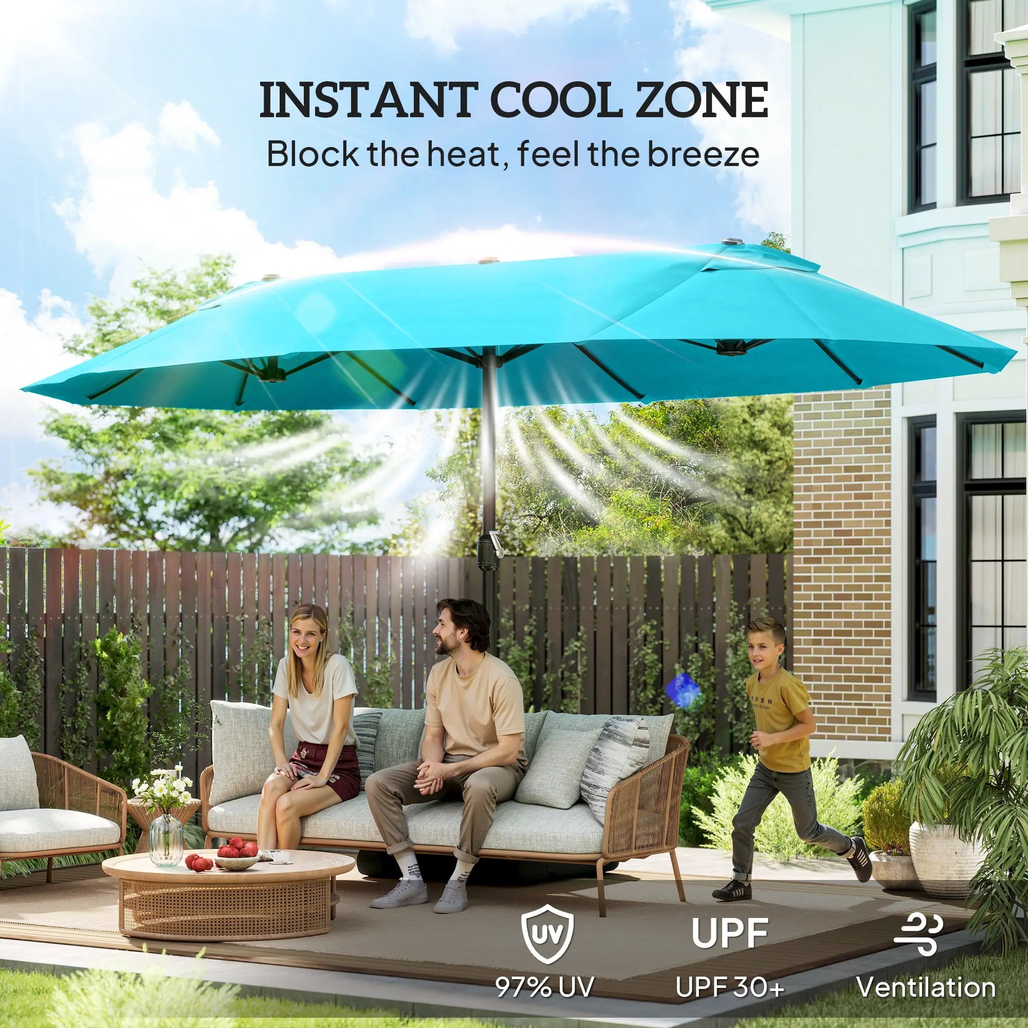 15' Outdoor Patio Umbrella, Twin Canopy Sunshade, Steel Table, Light Blue Double-sided Umbrellas at Gallery Canada
