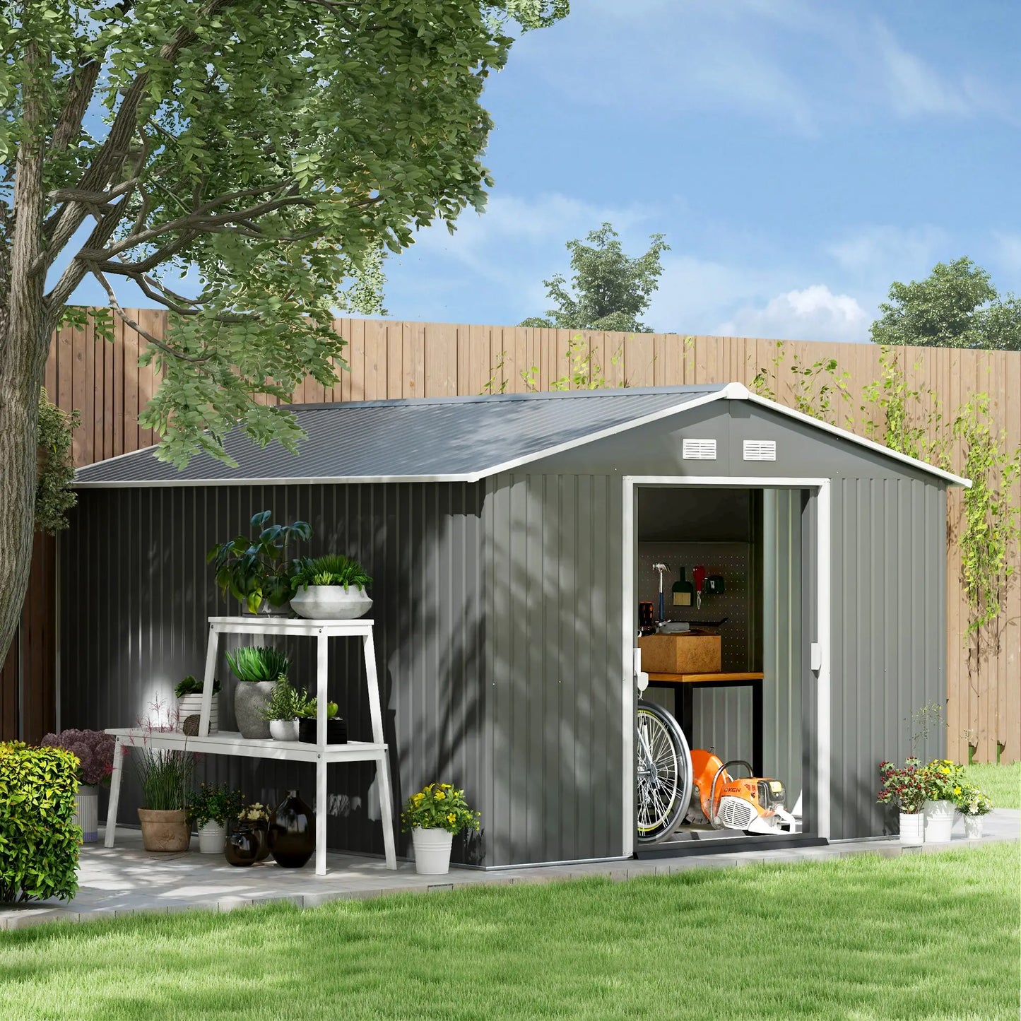 9' x 10.6' Garden Storage Shed, Foundation Kit, Double Doors, Light Grey Sheds at Gallery Canada