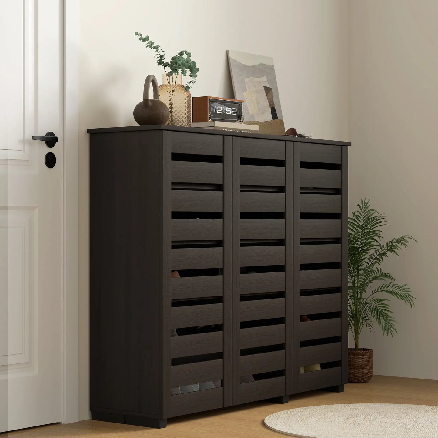 Narrow Shoe Cabinet, Slatted Doors, Adjustable Shelves, 20 Pairs, Dark Brown Shoe Storage Cabinets & Racks at Gallery Canada