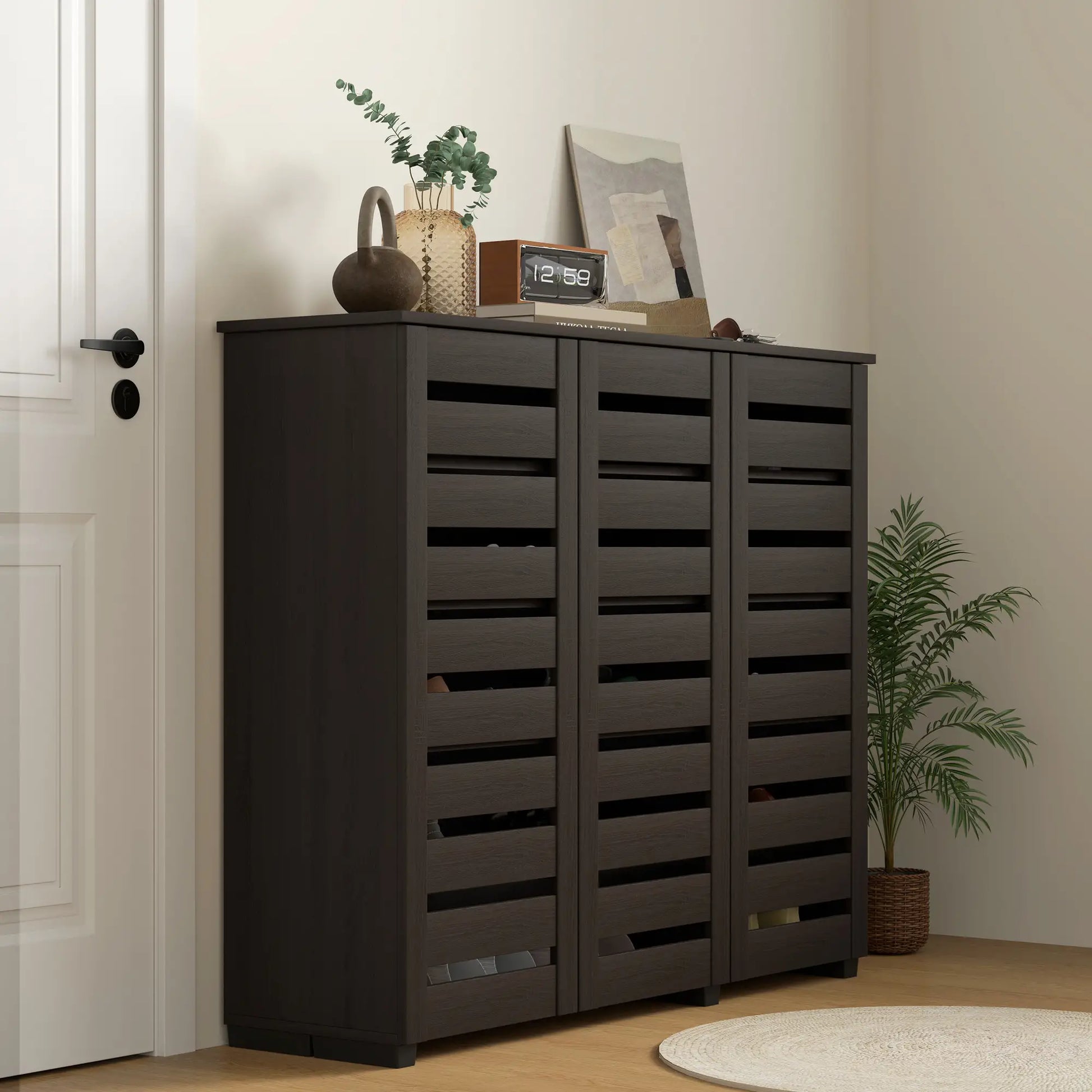 Narrow Shoe Cabinet, Slatted Doors, Adjustable Shelves, 20 Pairs, Dark Brown Shoe Storage Cabinets & Racks at Gallery Canada