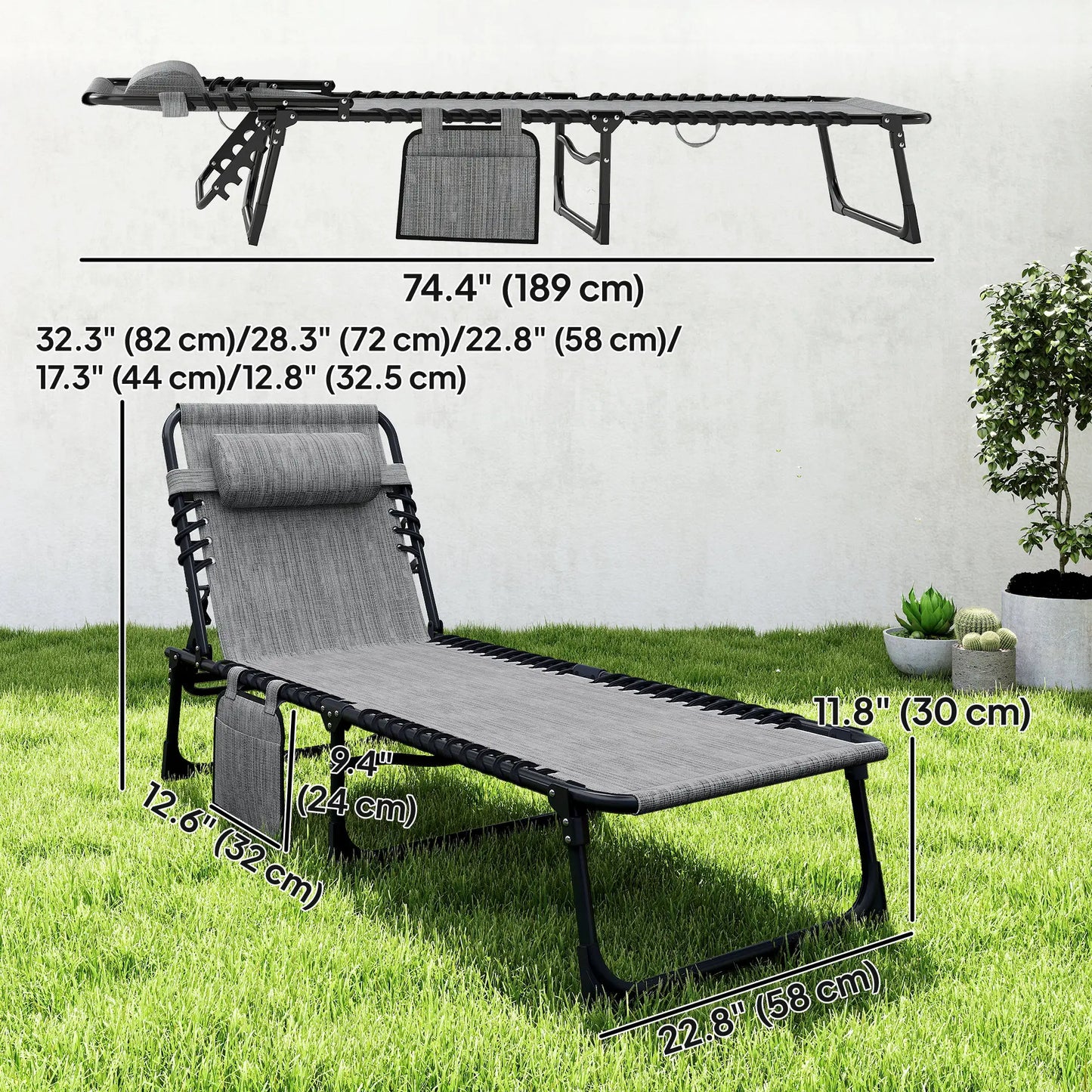 Outdoor Folding Chaise Lounge, Adjustable Backrest, Removable Pillow, Mixed Grey, Grey