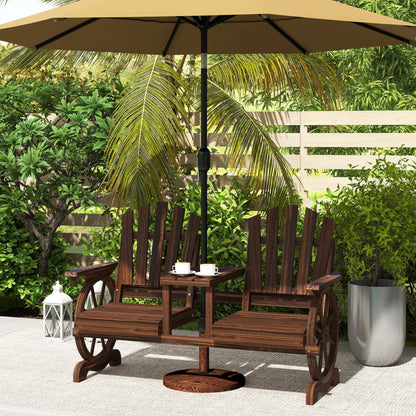 Wooden Outdoor Loveseat, Wagon Wheel Bench With Table, Carbonized Outdoor Benches at Gallery Canada