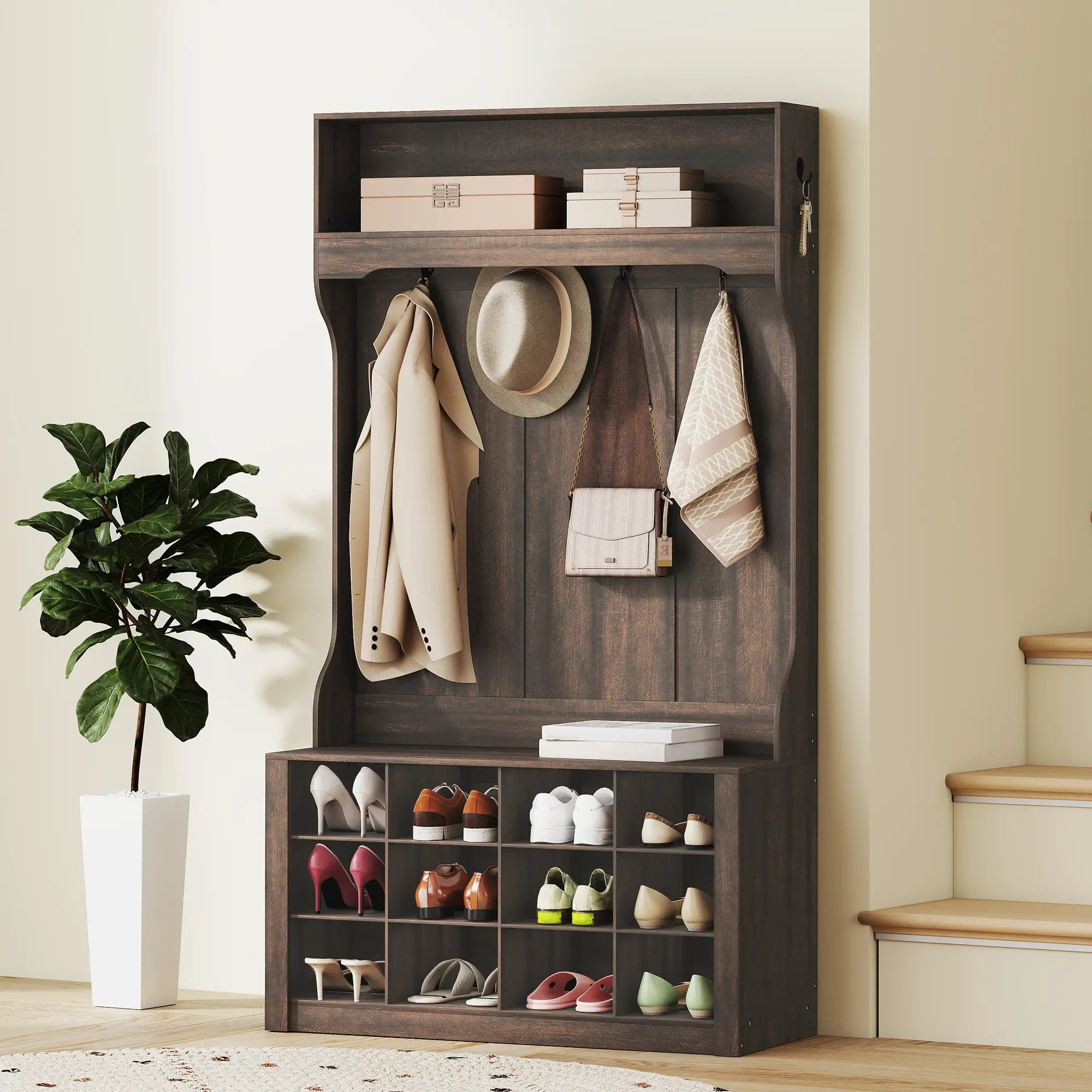 4-In-1 Hall Tree with Bench, Shoe Storage, 12 Cubbies, 6 Hooks, Dark Brown Clothing Storage at Gallery Canada