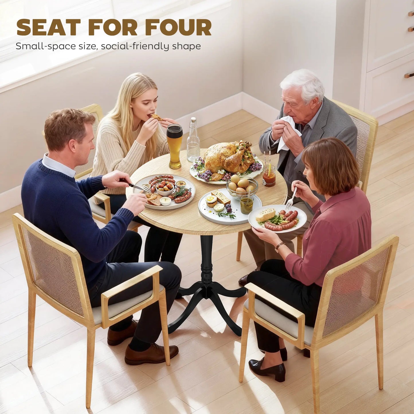 Modern Round Dining Table, 80cm, Natural Wood and Black, Black