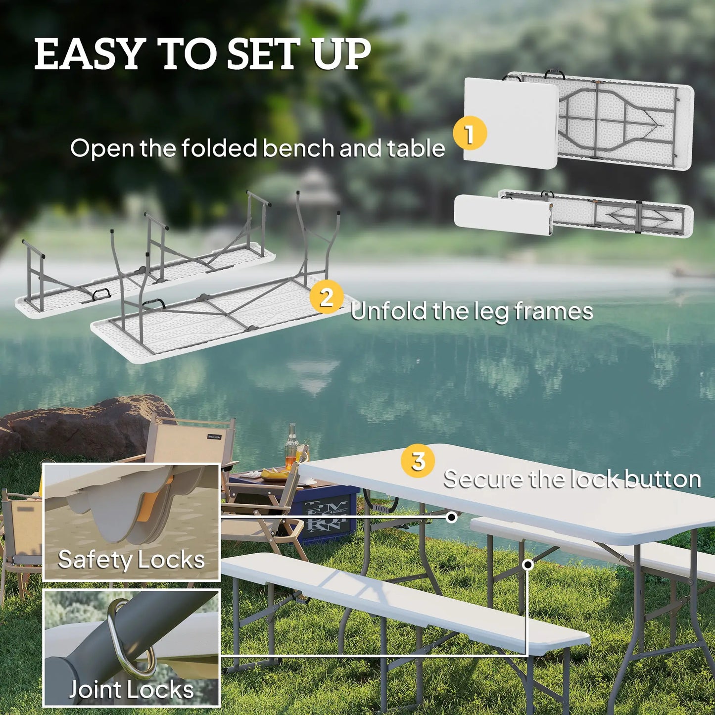 6FT Portable Camping Table Bench Set, Folding Picnic Table with 2 Benches, White Picnic Tables & Camping Chairs at Gallery Canada