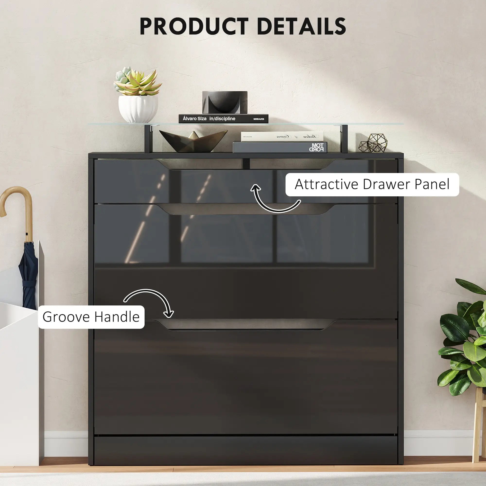 High Gloss Shoe Cabinet, 2 Flip Drawers, Adjustable Shelves, Black, Black Storage Cabinets at Gallery Canada