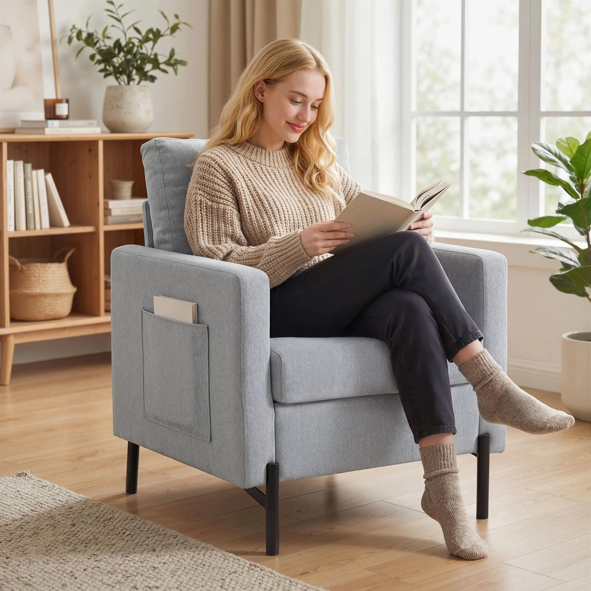 Modern Upholstered Armchair With Side Pockets, Cushion, Light Grey Accent Chairs at Gallery Canada