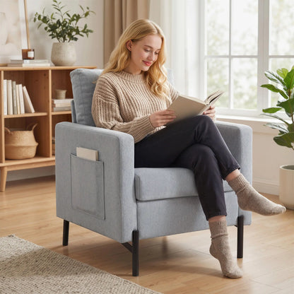 Modern Upholstered Armchair With Side Pockets, Cushion, Light Grey Accent Chairs at Gallery Canada