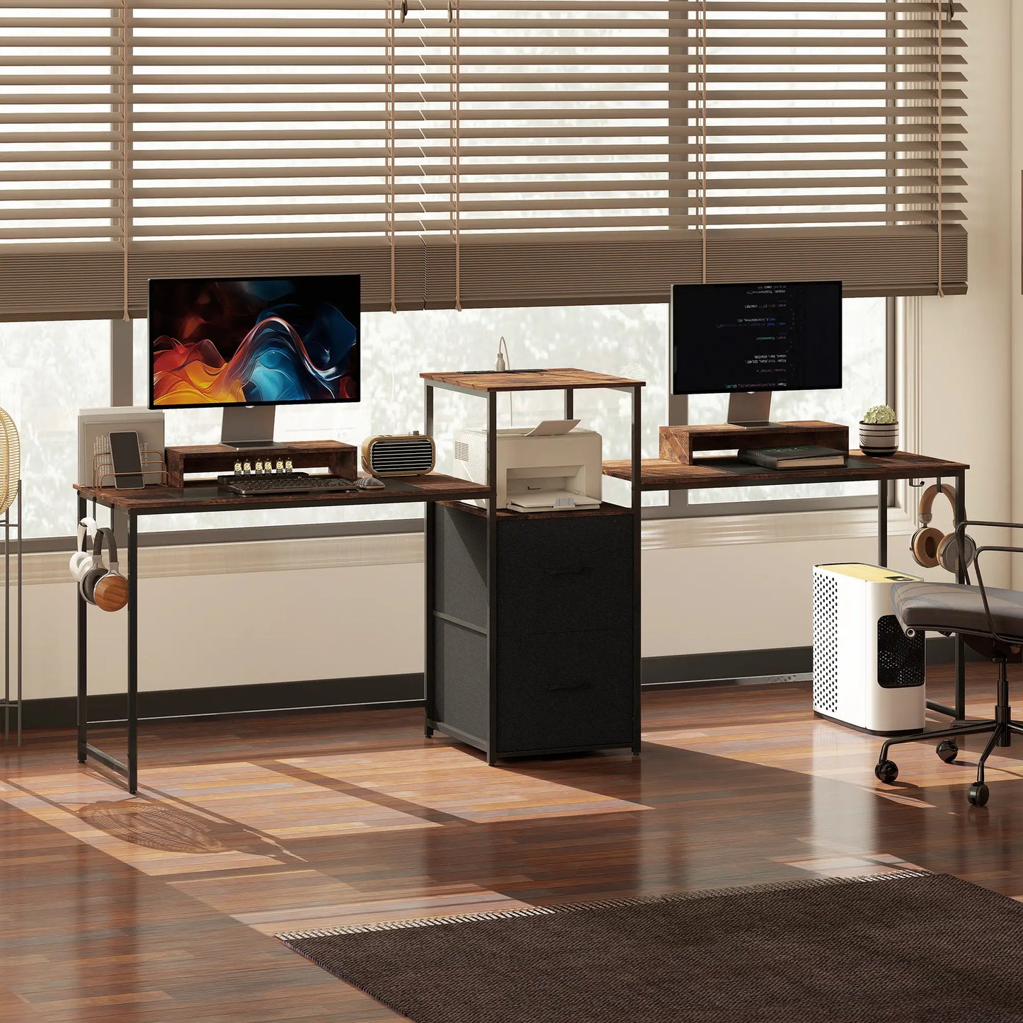 96 Inch Gaming Desk, Dual Computer Desk, Rustic Brown, Brown