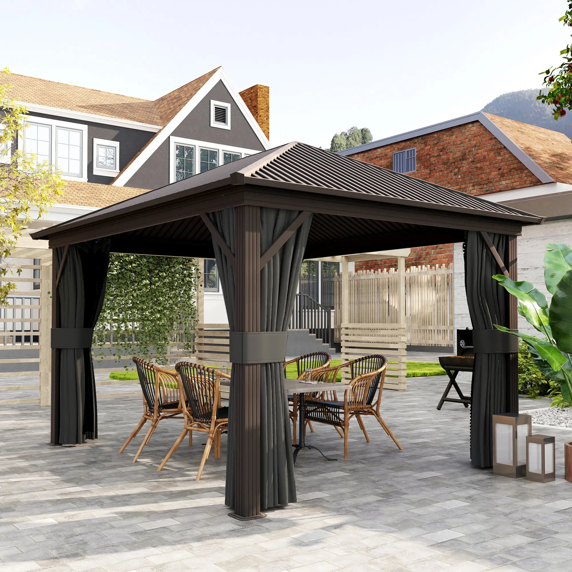 10' x 12' Hardtop Gazebo, Metal Roof, Aluminum Frame, Mesh Nettings, Dark Grey Gazebos at Gallery Canada
