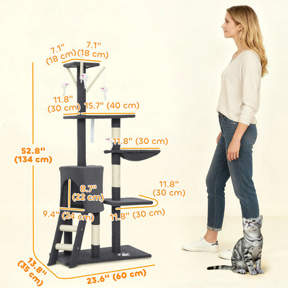 53 Inch Cat Tree Tower, Scratching Posts, Condo, Perches, Dark Grey Cat Towers at Gallery Canada