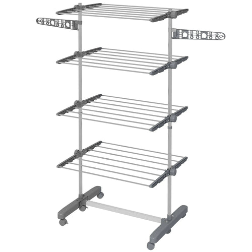 Stainless Steel Folding Clothes Drying Rack, Side Wings, Castors, Indoor Outdoor, Grey