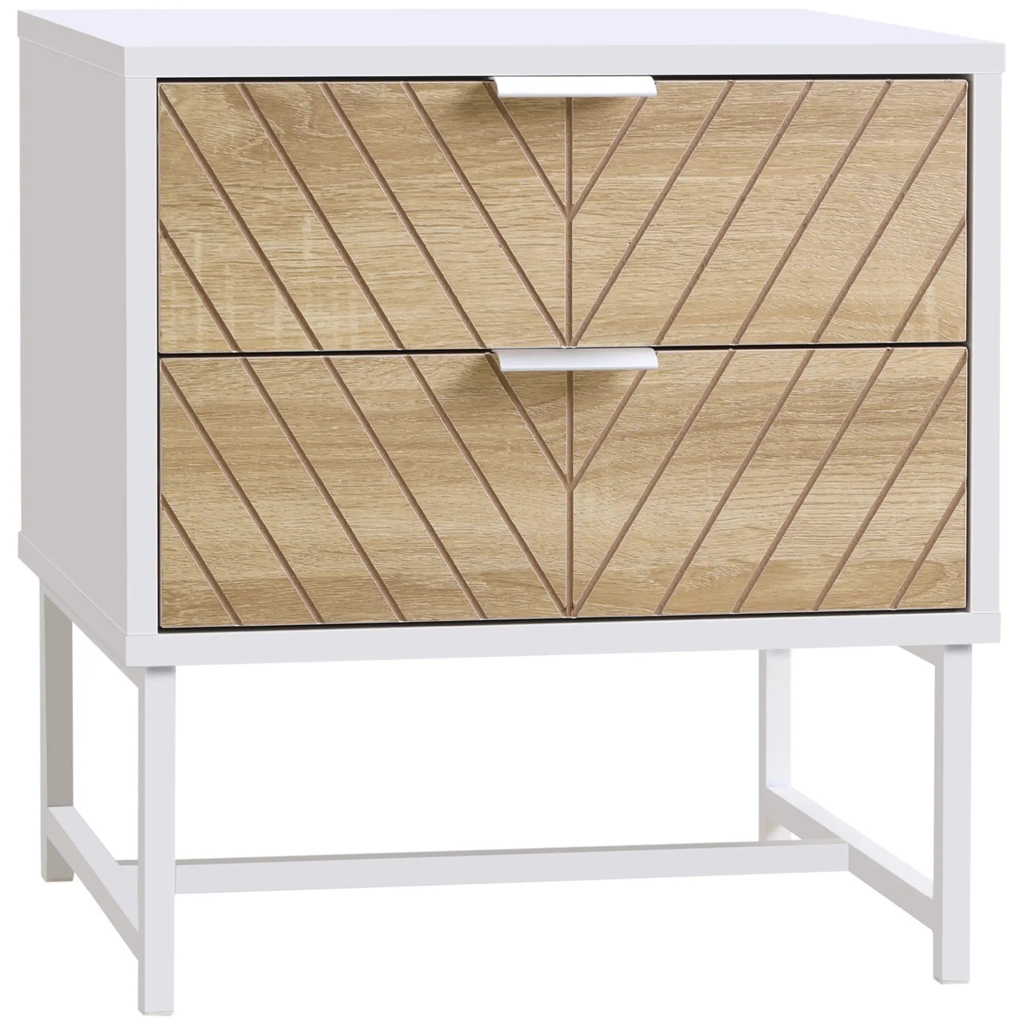 Modern Bedside Table, 2 Drawers, Steel Frame, Oak, White Bedside Tables at Gallery Canada