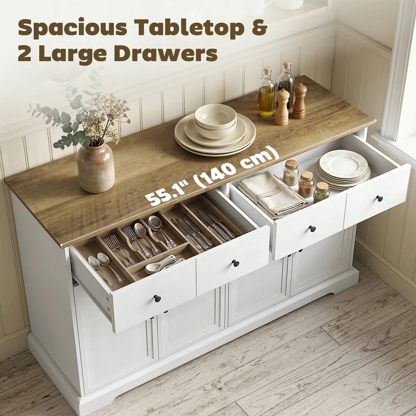 Sideboard Buffet Cabinet, 55" Farmhouse Kitchen Cabinet with Soft-Close Doors, 2 Drawers and 2 Adjustable Shelves Bar Cabinets at Gallery Canada