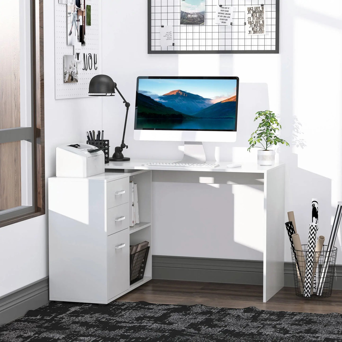 L-Shaped Desk, Computer Corner Desk with Shelf, Drawer, White Computer Desks at Gallery Canada