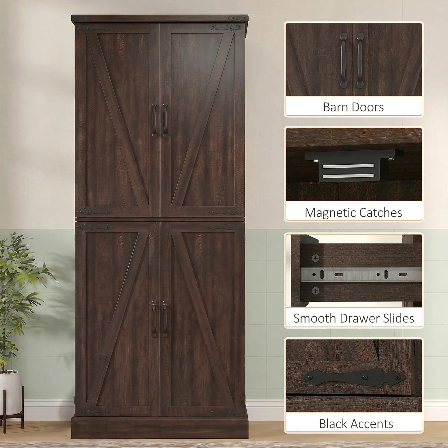 72" Tall Kitchen Pantry Cabinet, Farmhouse Storage Cabinet with 8 Door Racks and Adjustable Shelves, Distressed Brown