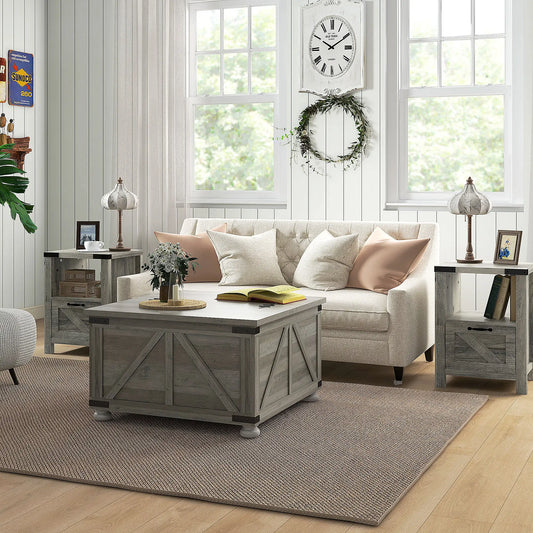 Farmhouse Coffee Table, Square Flip-Top Lid, Hidden Storage, Distressed, Grey