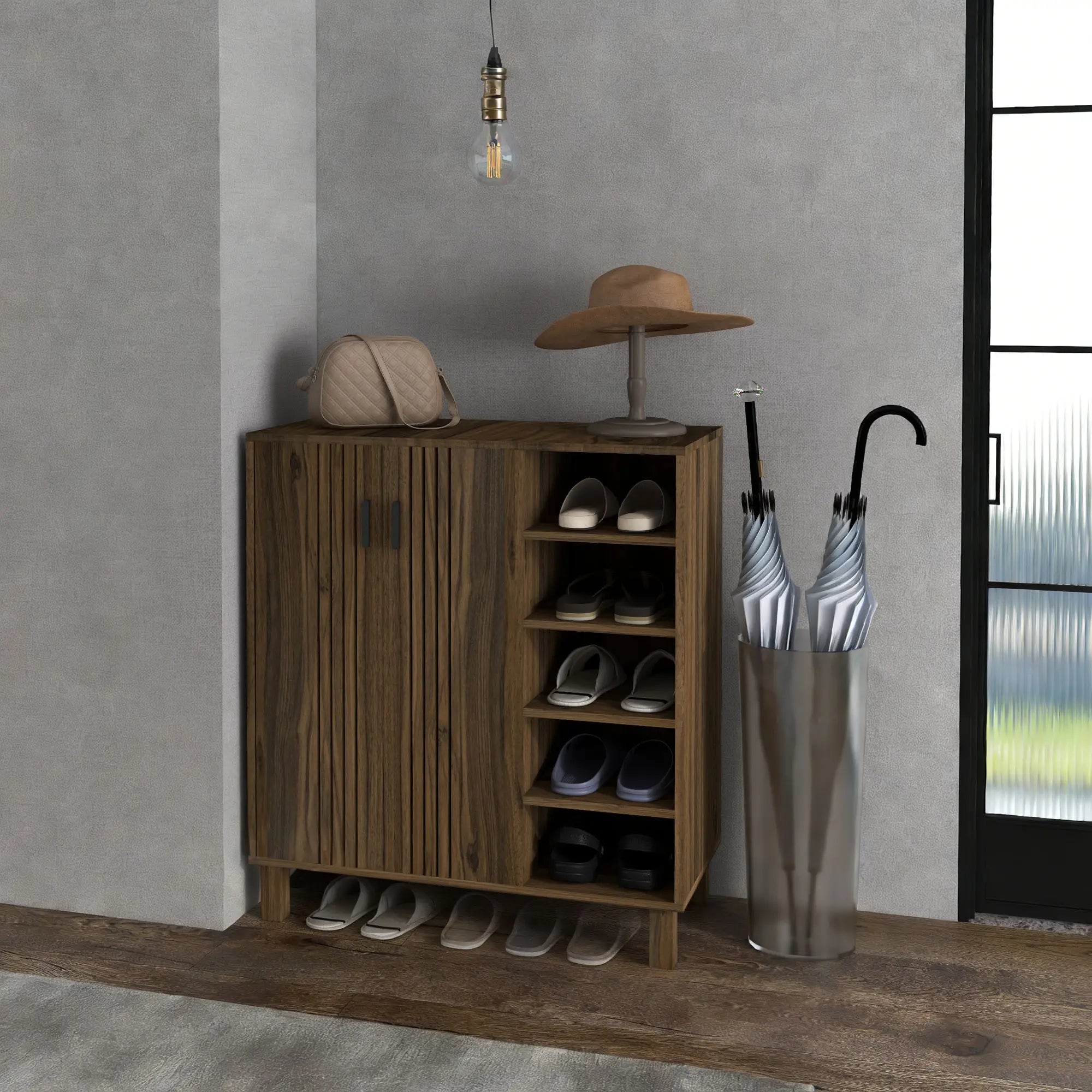 Double Door Shoe Storage, Open Shelves, 17 Pair, Walnut Shoe Storage Cabinets & Racks at Gallery Canada