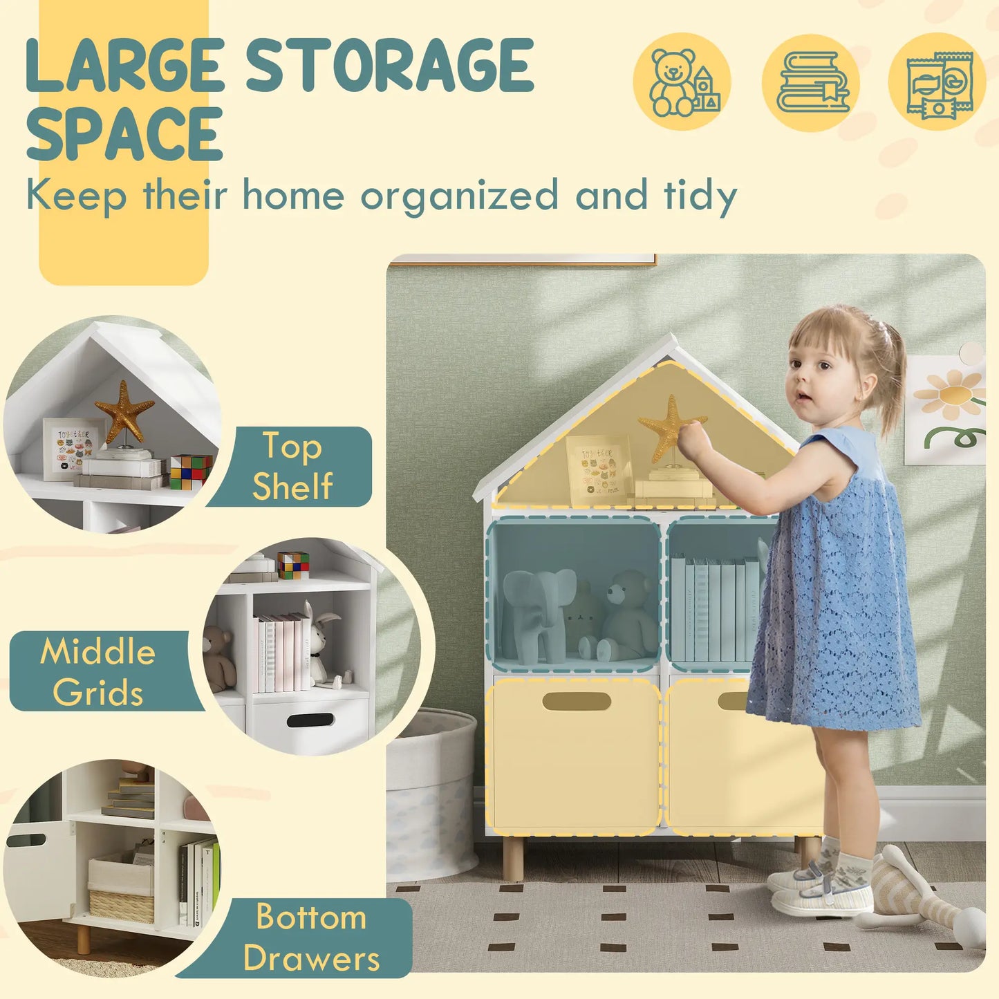 3 Tier Kids Bookshelf, 2 Drawers, for Bedroom, White Small Bookshelves at Gallery Canada