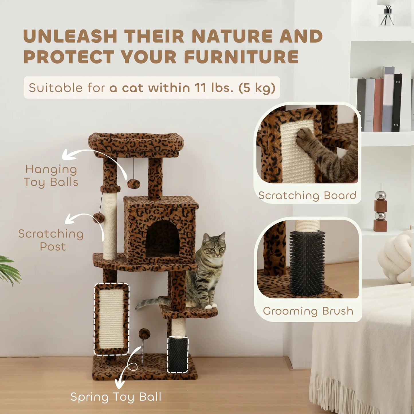 Arbre à chat de 41 pouces avec poteaux à gratter, lit, condo, plates-formes