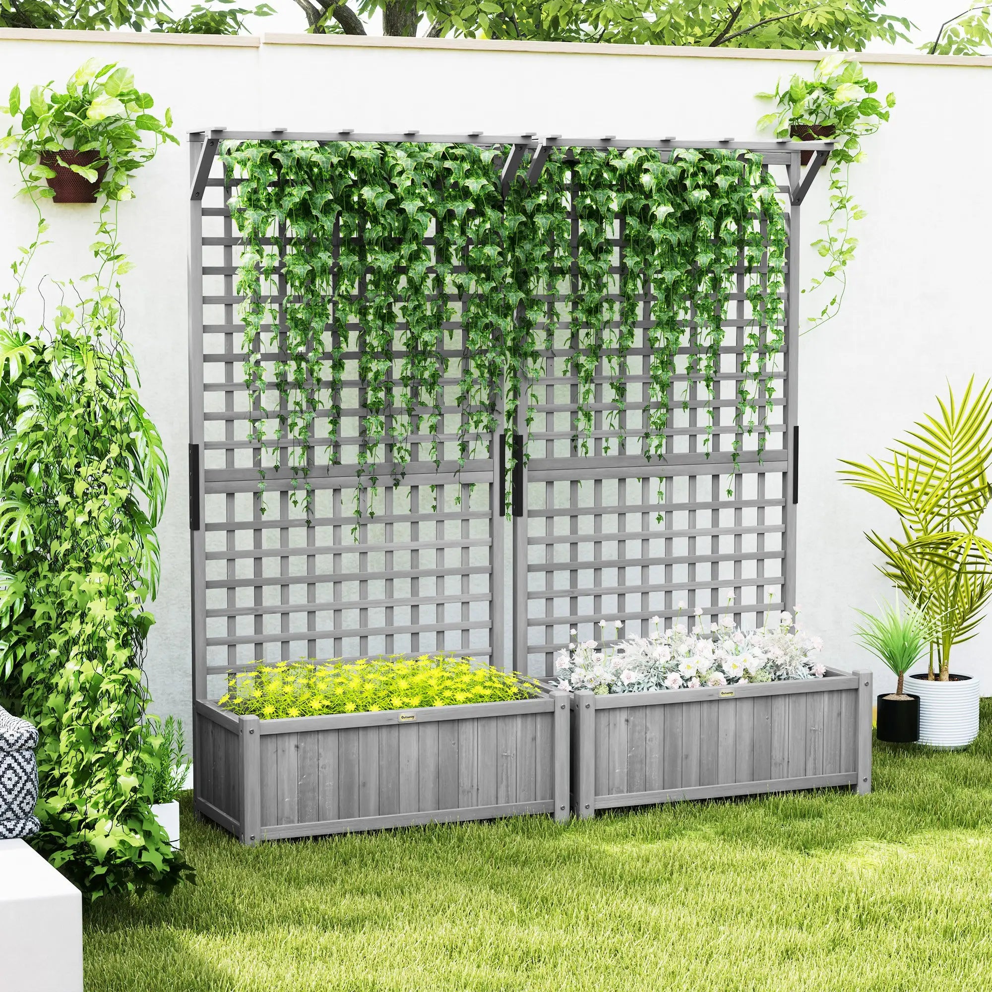 Wood Planter With Trellis, Raised Garden Bed for Privacy Screen, Dark Grey Wooden Planter Boxes at Gallery Canada