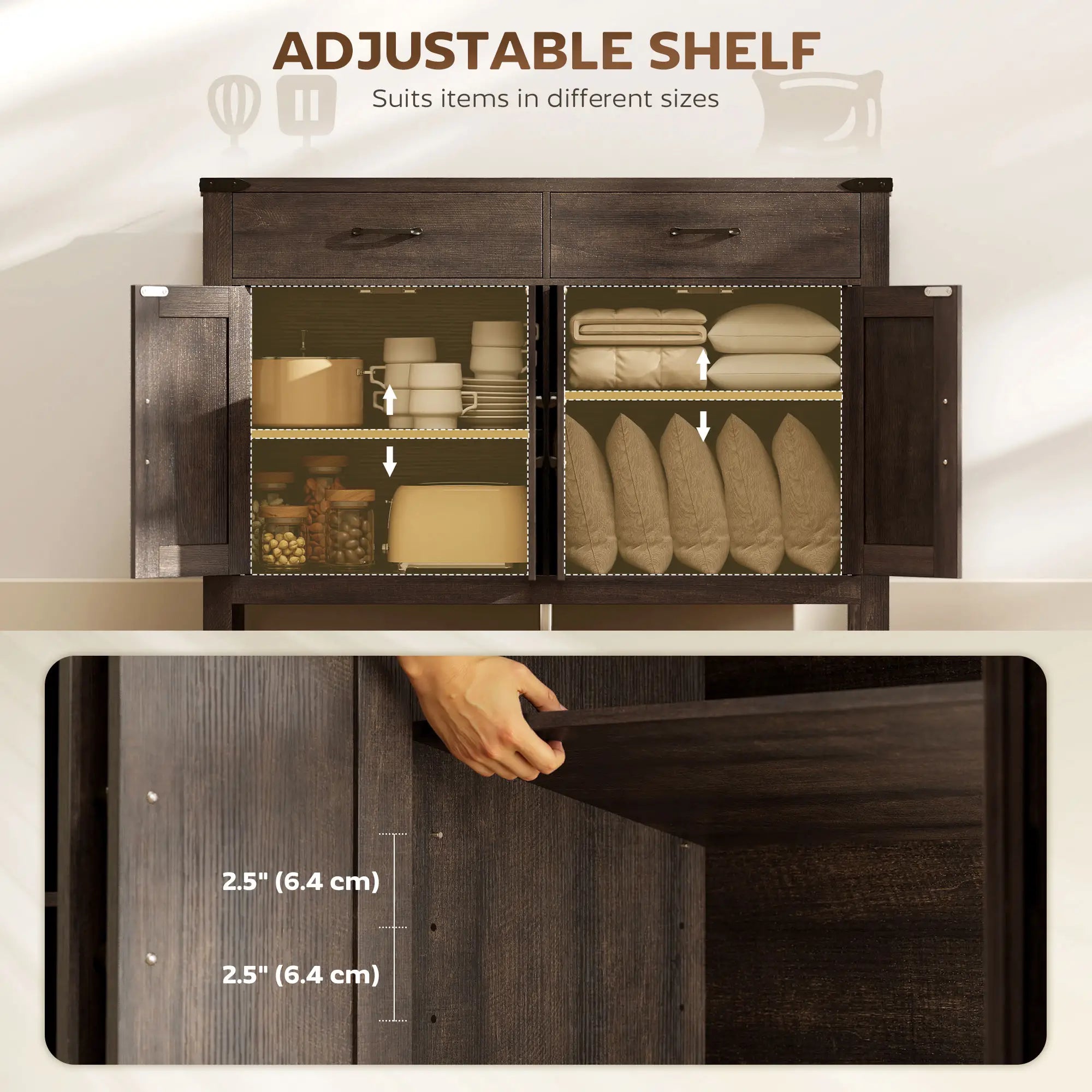 Sideboard Buffet Cabinet, Farmhouse Kitchen Storage, 2 Drawers and Shelves Storage Cabinets at Gallery Canada