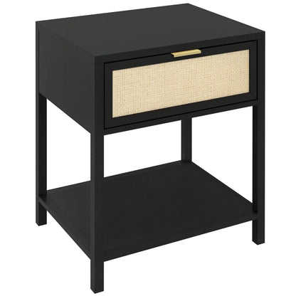 Boho Nightstand, Rattan Drawer, Open Shelf, Bedside Table, Black Bedside Tables at Gallery Canada