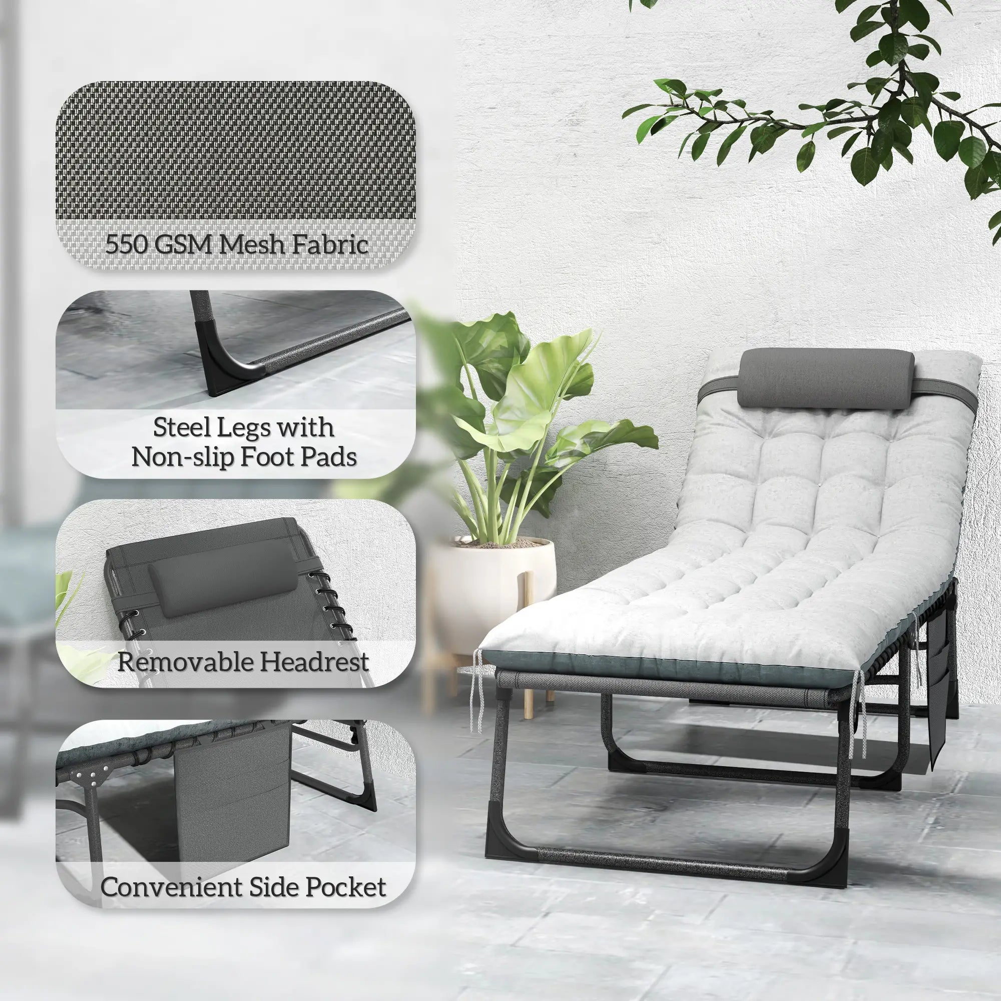 Folding Chaise Lounge Chair Set Of 2, With Cushion And Side Pocket, Grey Lounger Chairs at Gallery Canada