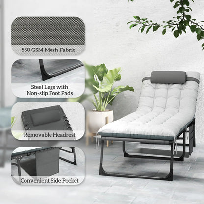 Folding Chaise Lounge Chair Set Of 2, With Cushion And Side Pocket, Grey Lounger Chairs at Gallery Canada