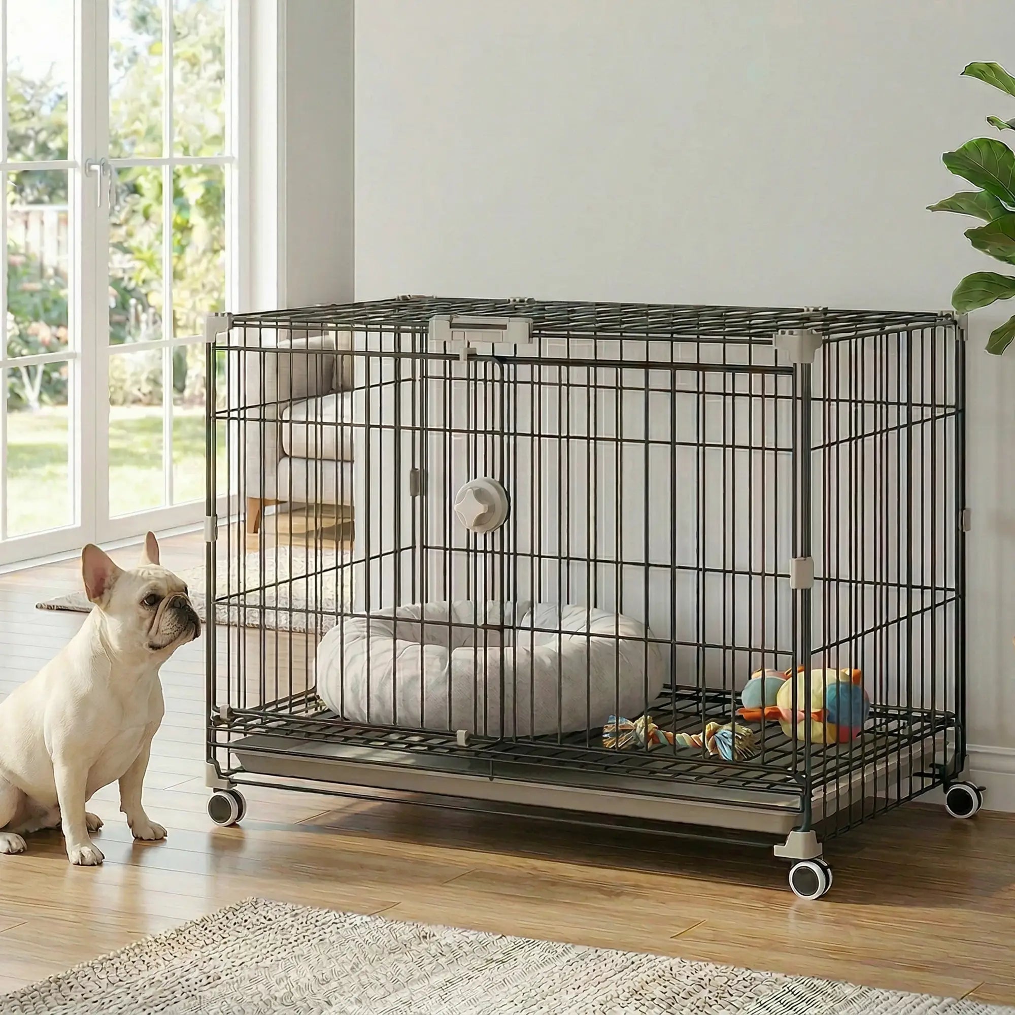 30 Inch Foldable Dog Crate, Metal Cage with Tray & Wheels, Black Dog Cages & Crates at Gallery Canada