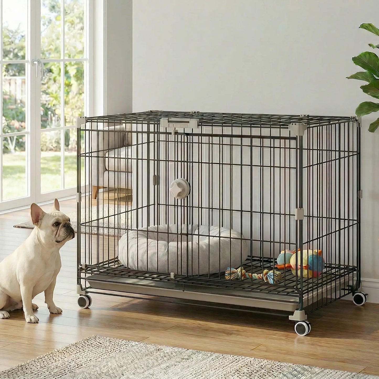 30 Inch Foldable Dog Crate, Metal Cage with Tray & Wheels, Black Dog Cages & Crates at Gallery Canada