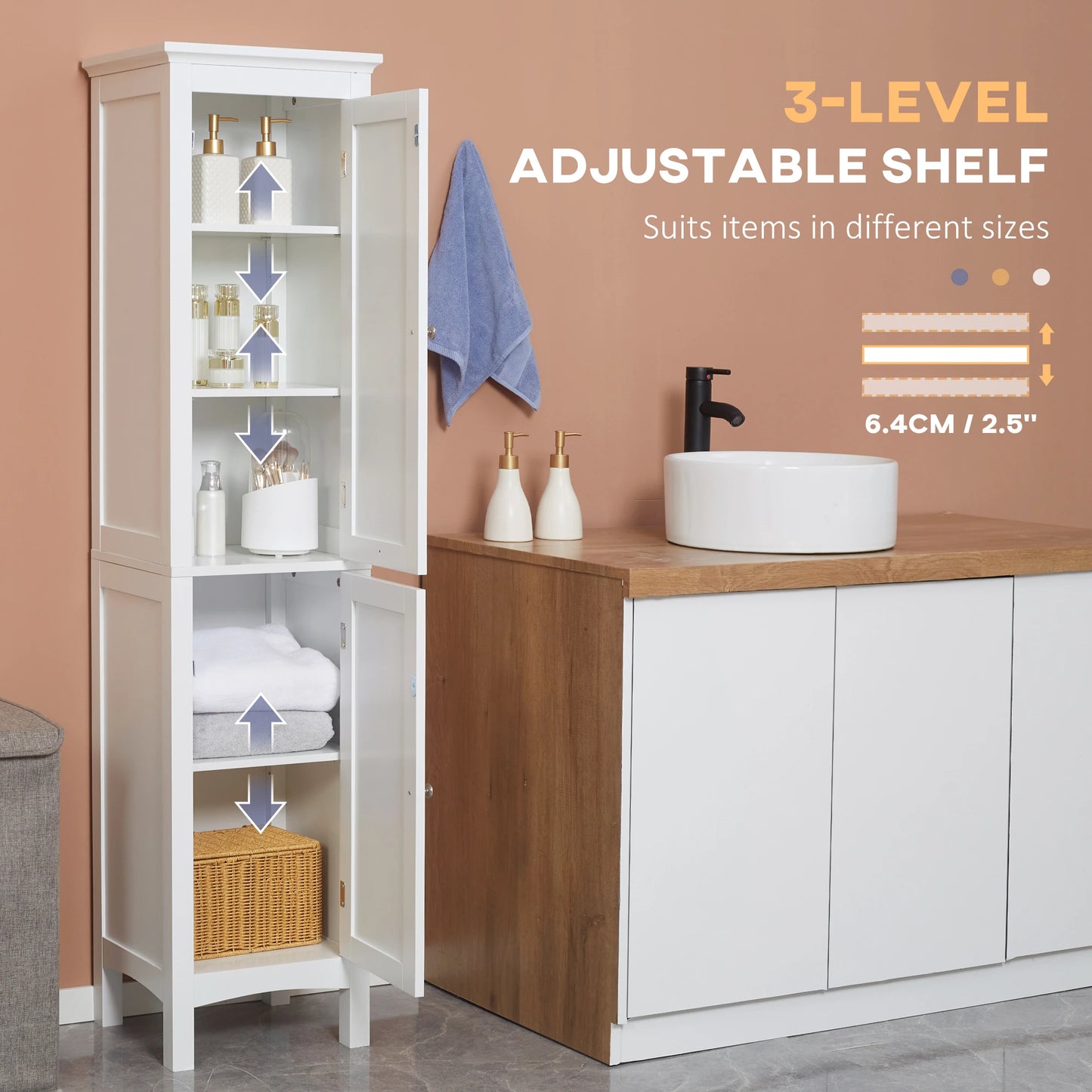 Tall Bathroom Cabinet, Freestanding Storage Organizer, 15" x 13" x 63", White Bathroom Cabinets at Gallery Canada