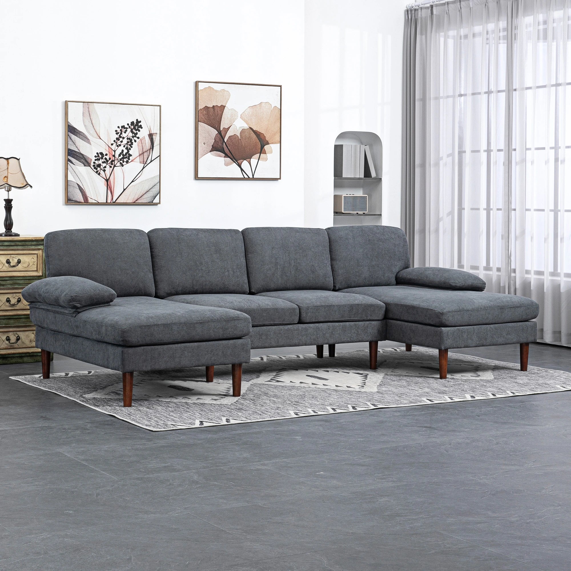 U Shape Couch, Double Chaise Lounge, 4 Seater Sofa, Wooden Legs, Dark Grey 3-Seater Sofas at Gallery Canada
