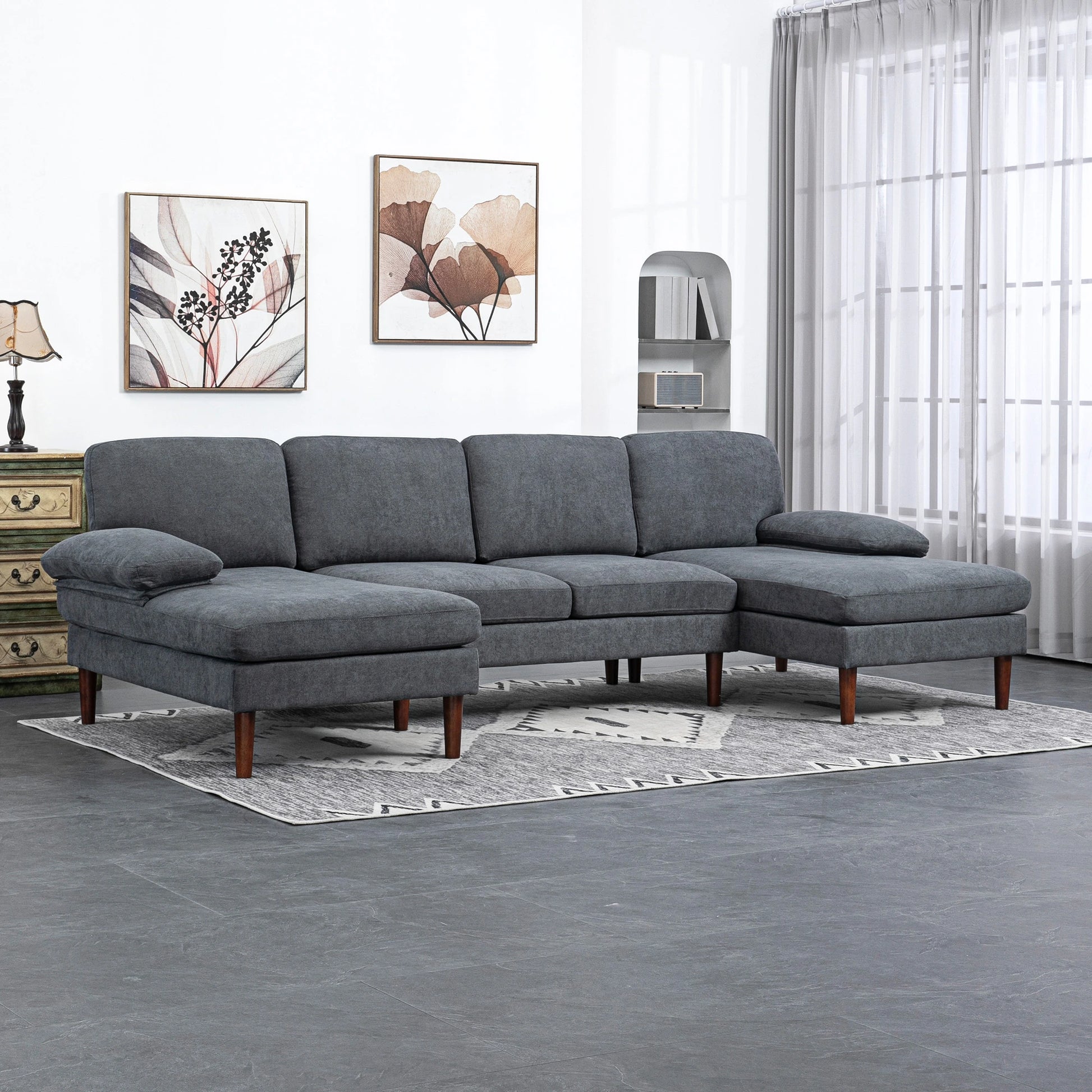 U Shape Couch, Double Chaise Lounge, 4 Seater Sofa, Wooden Legs, Dark Grey 3-Seater Sofas at Gallery Canada