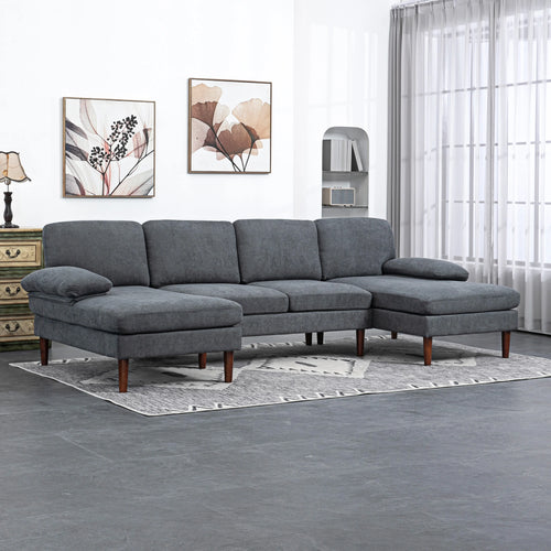 U Shape Couch, Double Chaise Lounge, 4 Seater Sofa, Wooden Legs, Dark Grey