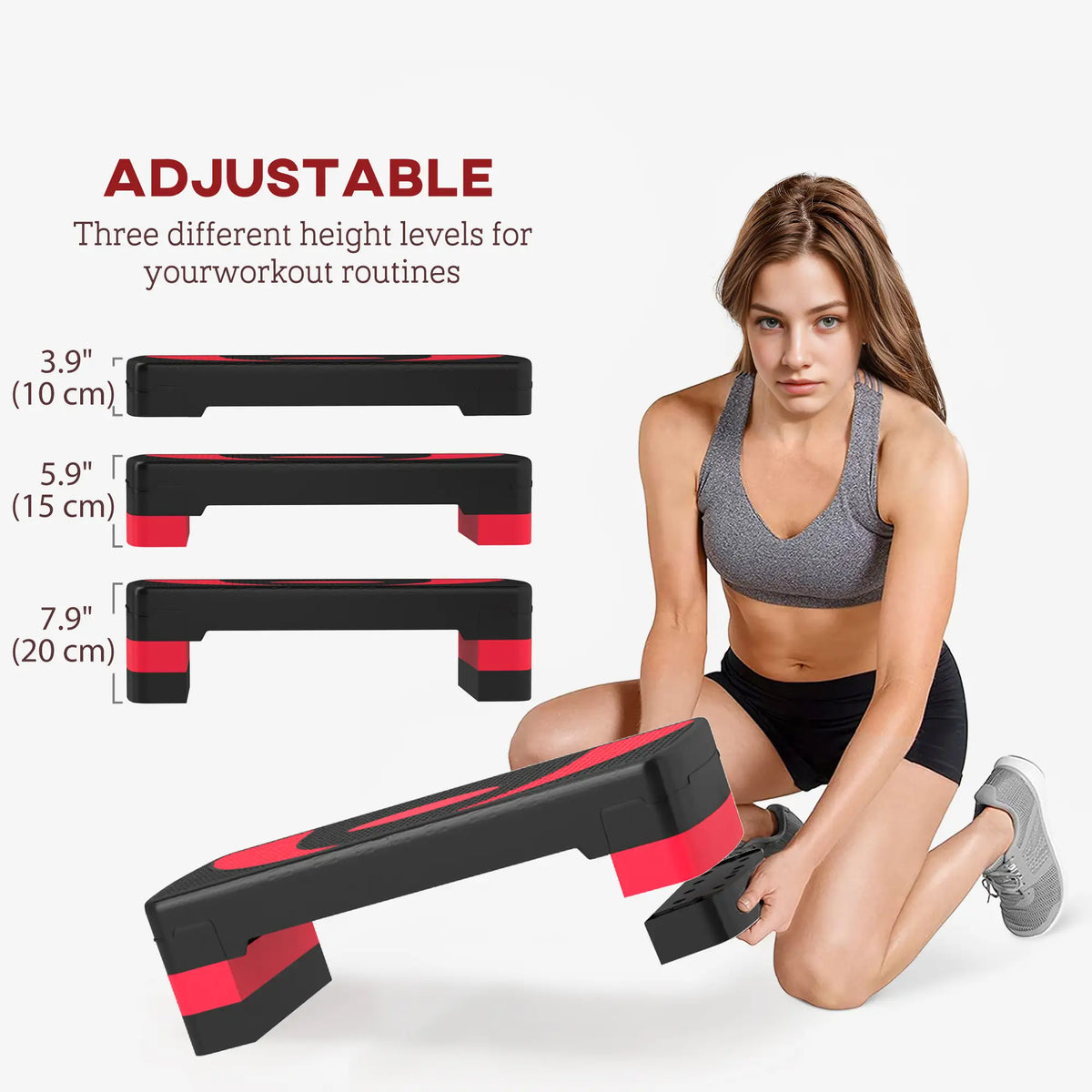 Adjustable Aerobic Stepper, Exercise Step Platform, 4"-6"-8", Red