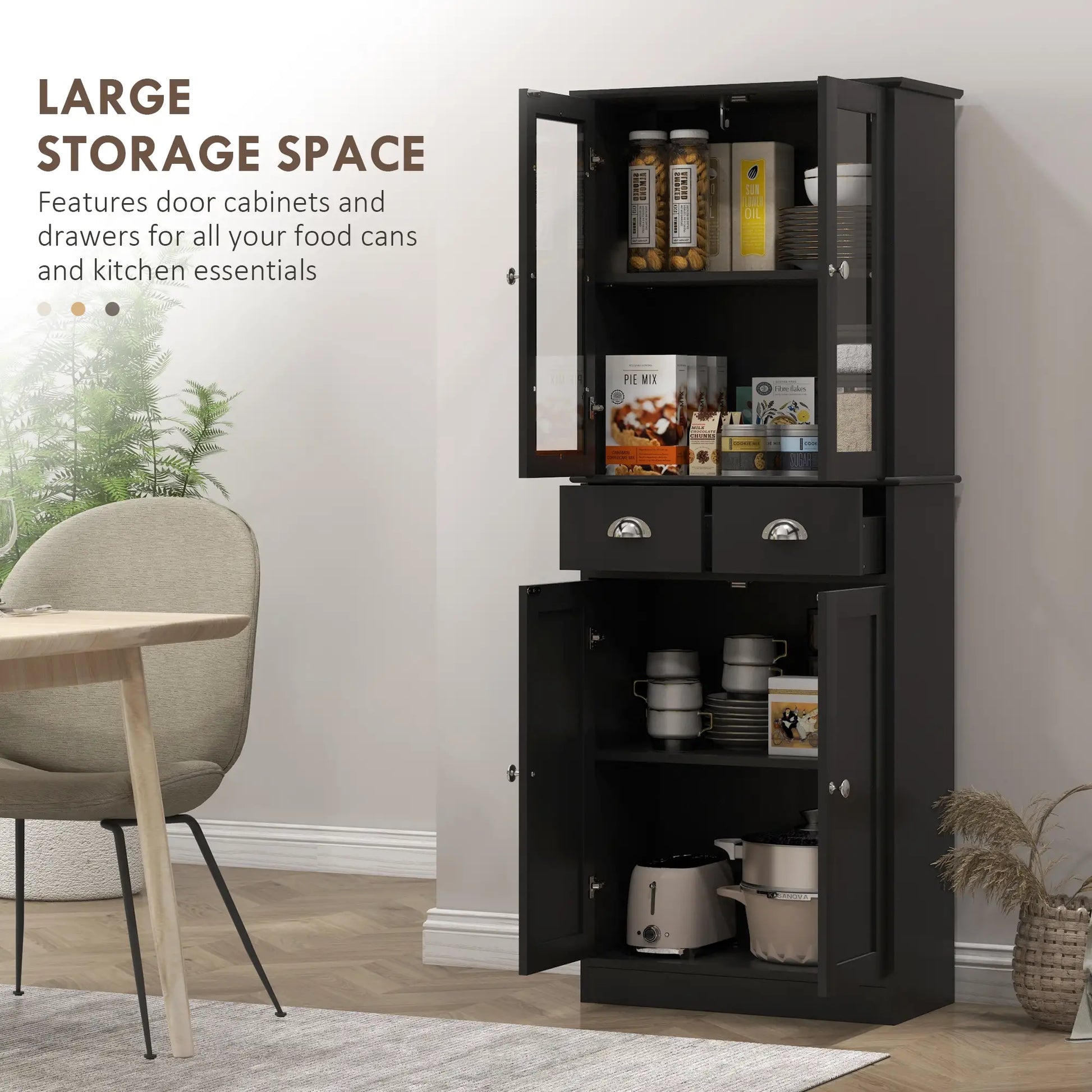 61" Kitchen Pantry Cabinet, Freestanding Farmhouse, Black Kitchen Pantry Cabinets at Gallery Canada