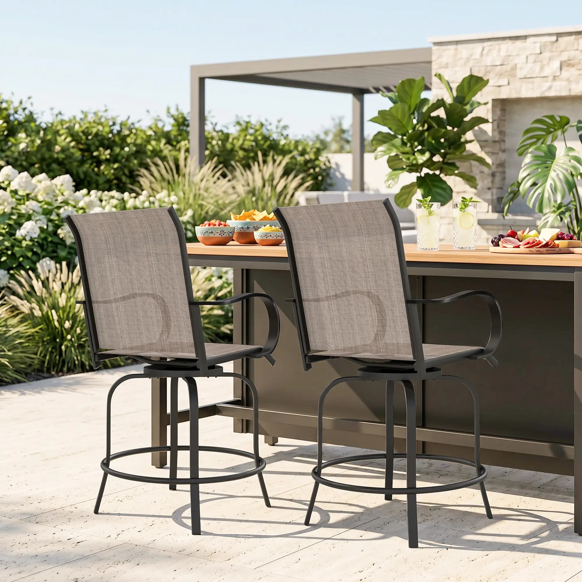 Outdoor Bar Stools Set of 2, 360° Swivel Bar Height Chairs, 26.8