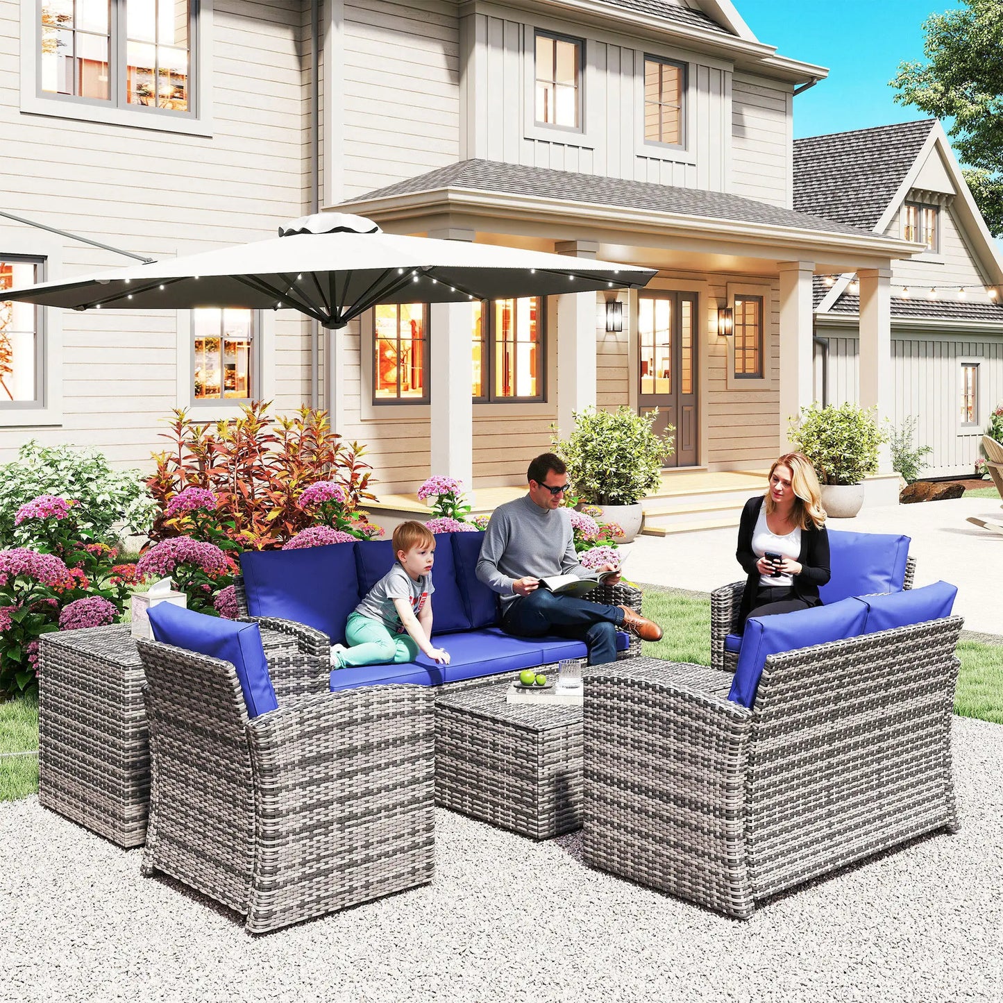 6-Piece Wicker Patio Set with Cushions, 7-Seater Rattan Sofa, Navy Blue Patio Furniture Sets at Gallery Canada