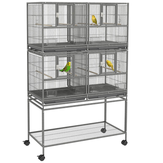 61"H Divided Breeder Bird Cage with Rolling Stand Removable Metal Tray, Storage Shelf, Wood Perch, and Food Container, Dark Grey at Gallery Canada