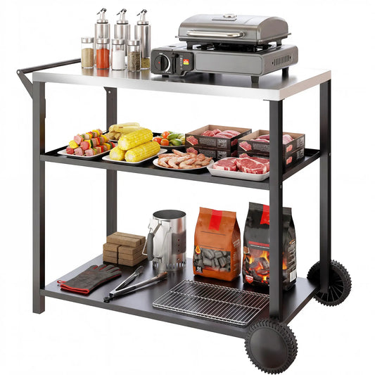 Outdoor Grill Cart, Stainless Steel Top, Three-Tier Pizza Oven Stand, Black Outdoor Grill Carts Black at Gallery Canada