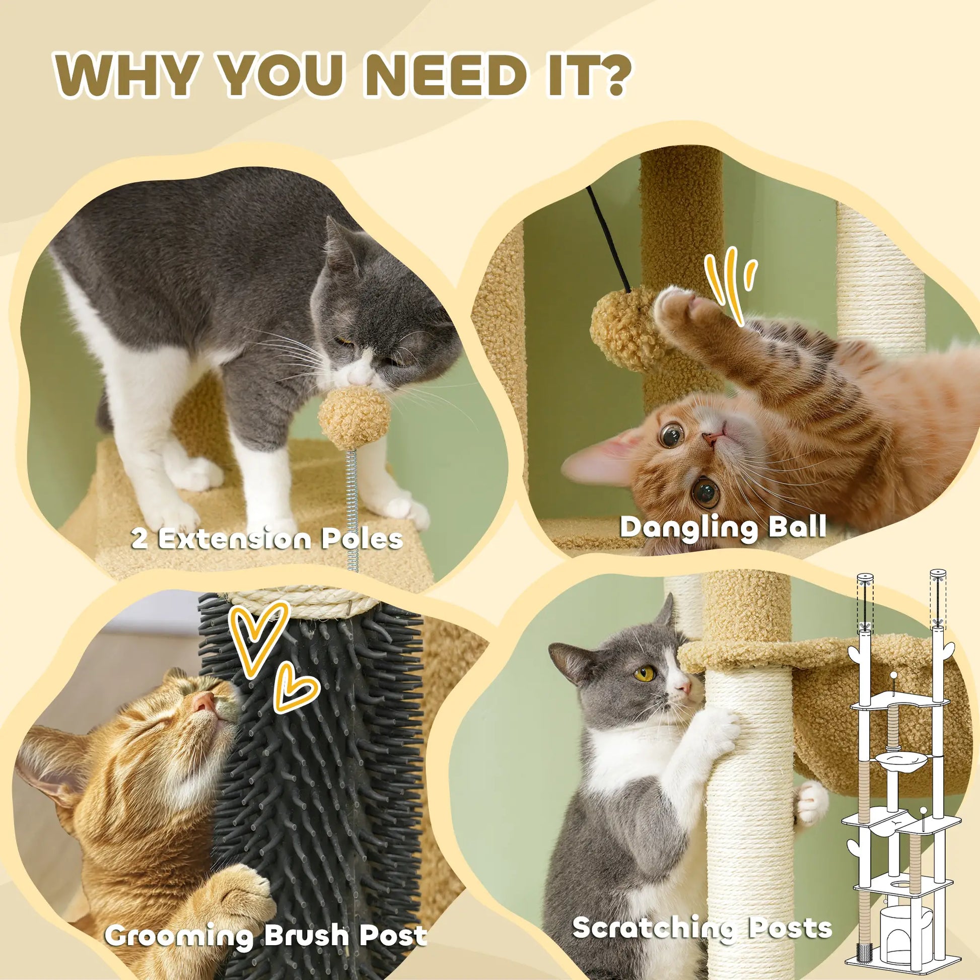 89"-100" Cat Tree Tower for Large Cats, Scratching Posts, Grooming Brush, Brown Floor to Ceiling Cat Trees at Gallery Canada