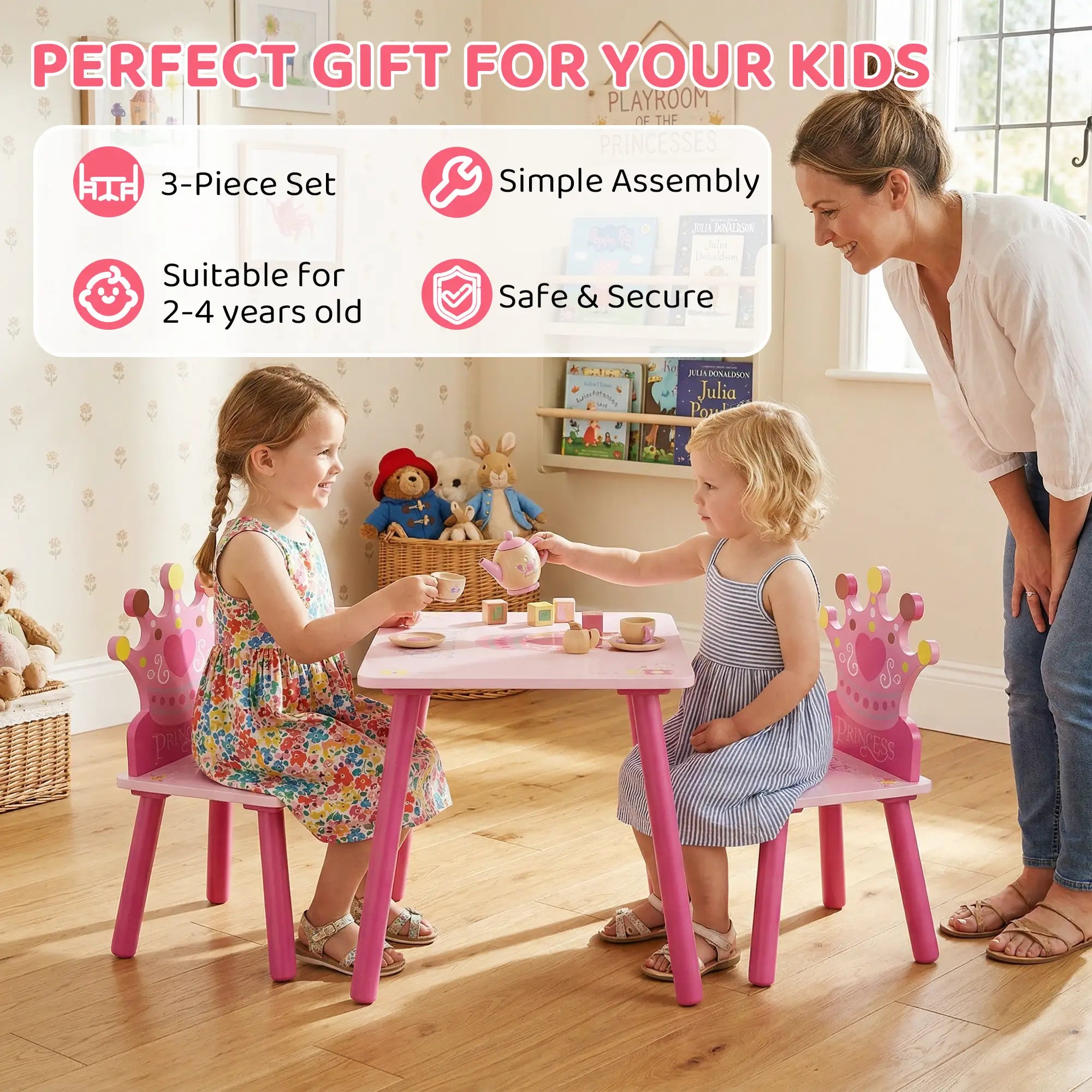 Kids Wooden Table Chair Set, Crown Pattern, Easy Clean, Age 2-4, Pink Kids Table Sets at Gallery Canada