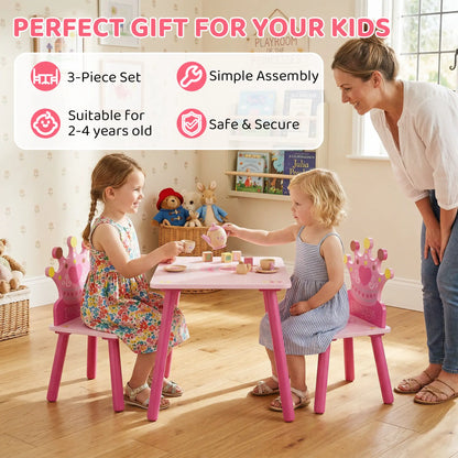 Kids Wooden Table Chair Set, Crown Pattern, Easy Clean, Age 2-4, Pink Kids Table Sets at Gallery Canada