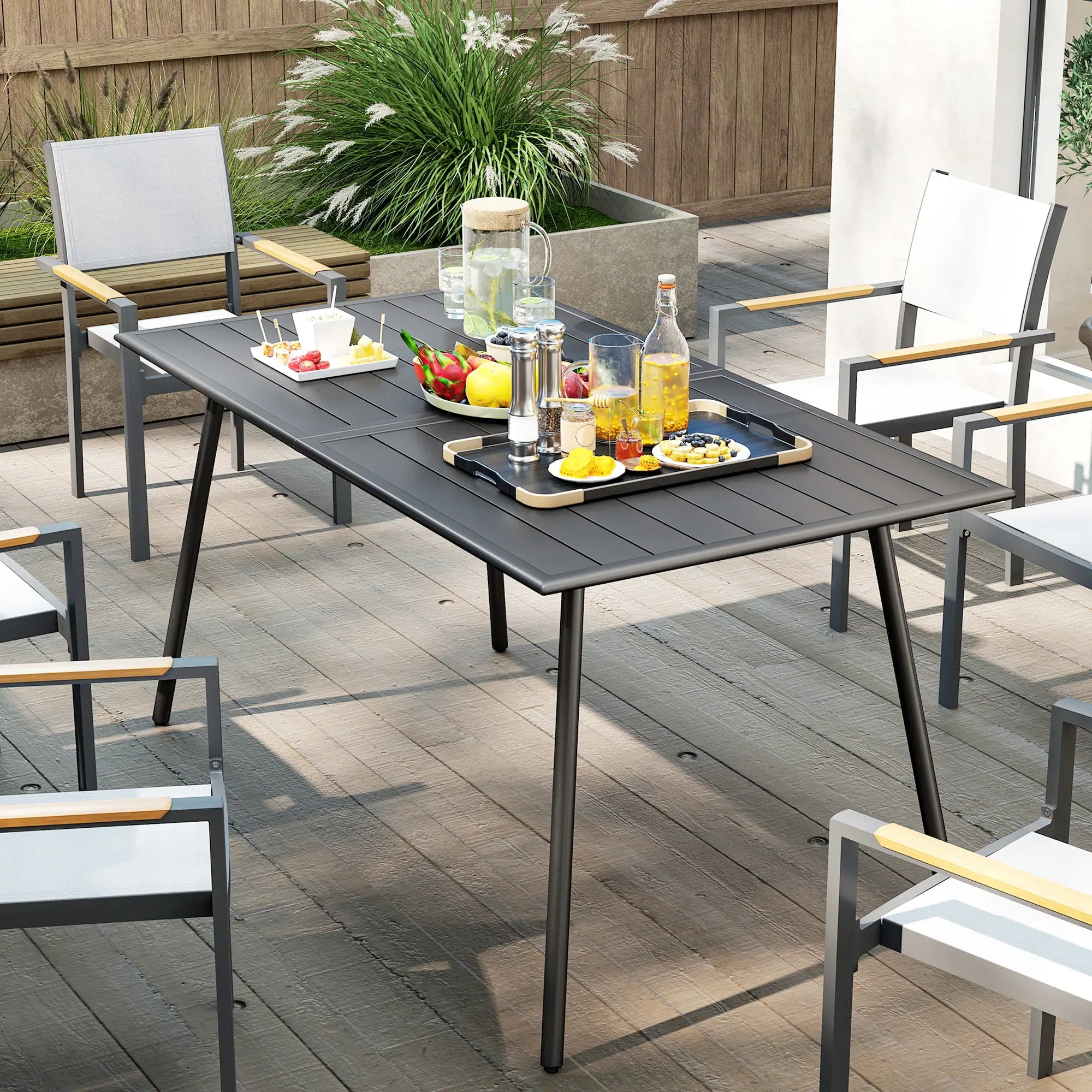 Rectangle Patio Dining Table for 6, Metal Steel Slat, 59