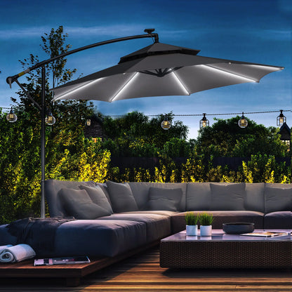10FT Solar Cantilever Patio Umbrella with Lights, Crank, Cross Base, Light Grey Cantilever Umbrellas at Gallery Canada