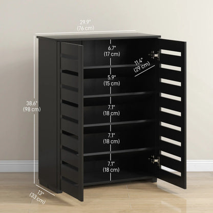 Shoe Storage Cabinet, 2 Slatted Doors, Holds 15 Pairs, Black