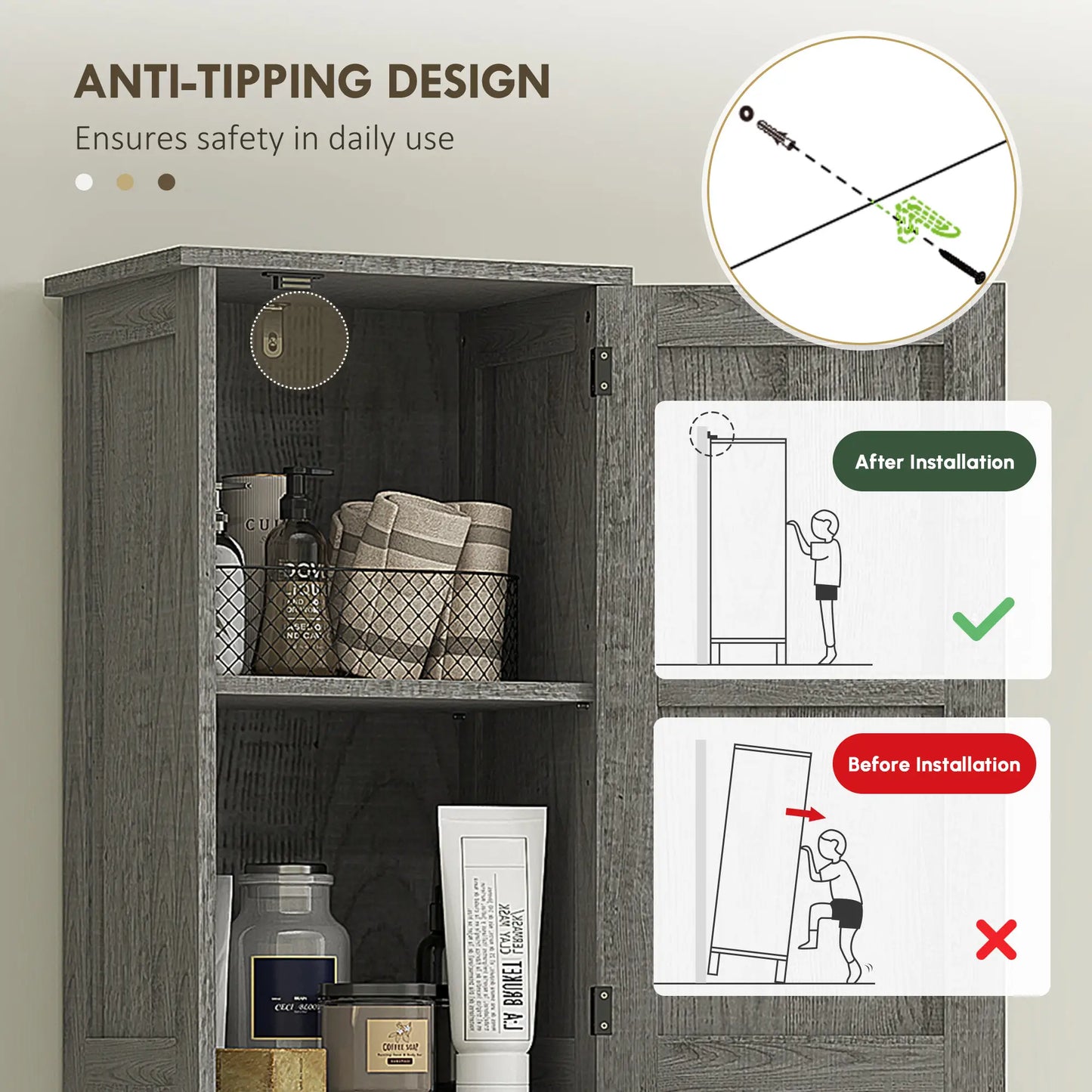 67" Tall Narrow Bathroom Cabinet, Adjustable Shelves, Barn Doors, Dark Grey Bathroom Cabinets at Gallery Canada