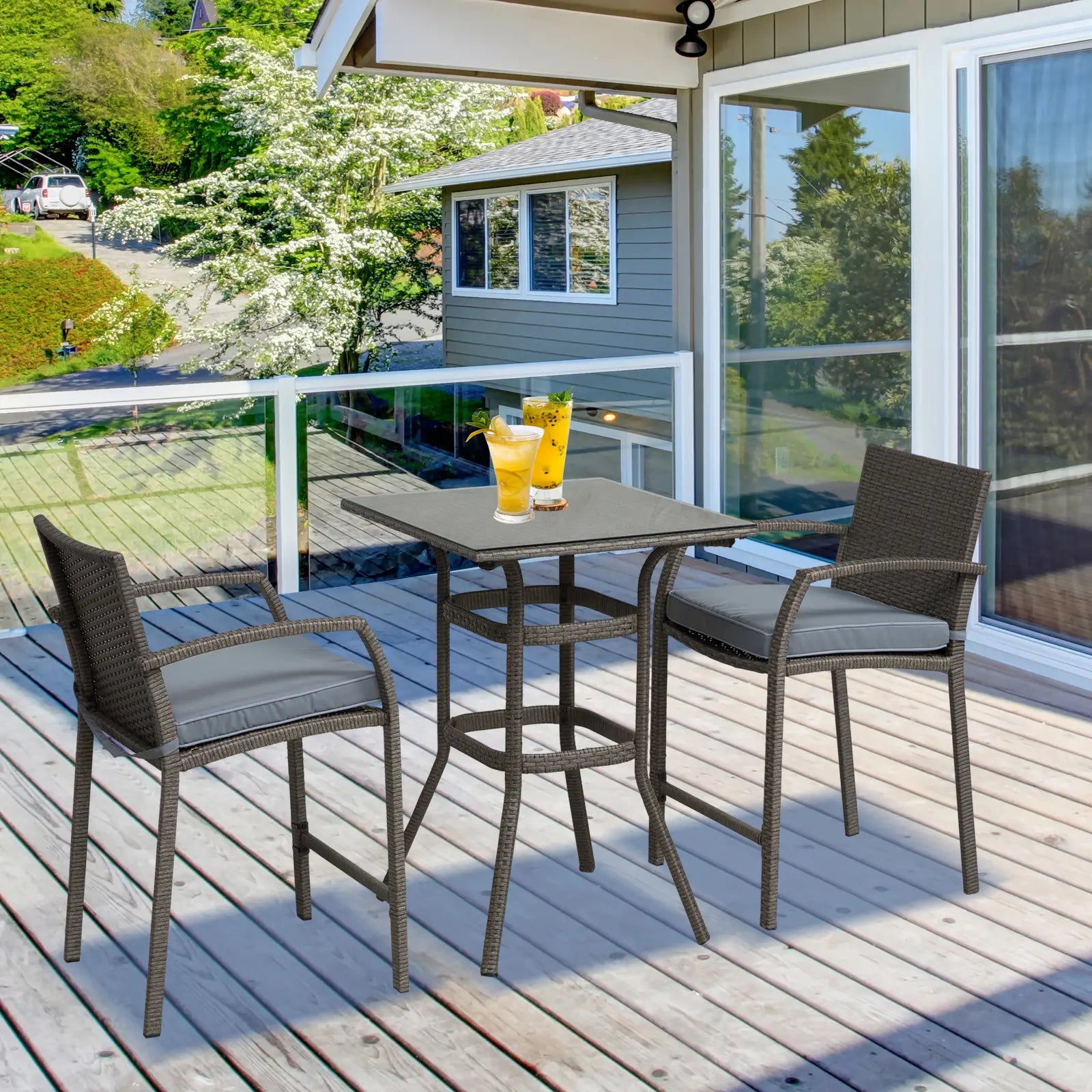 3-Piece Patio Bar Set, Wicker Bistro, PE Rattan Table and Stools, Grey Bistro Sets at Gallery Canada