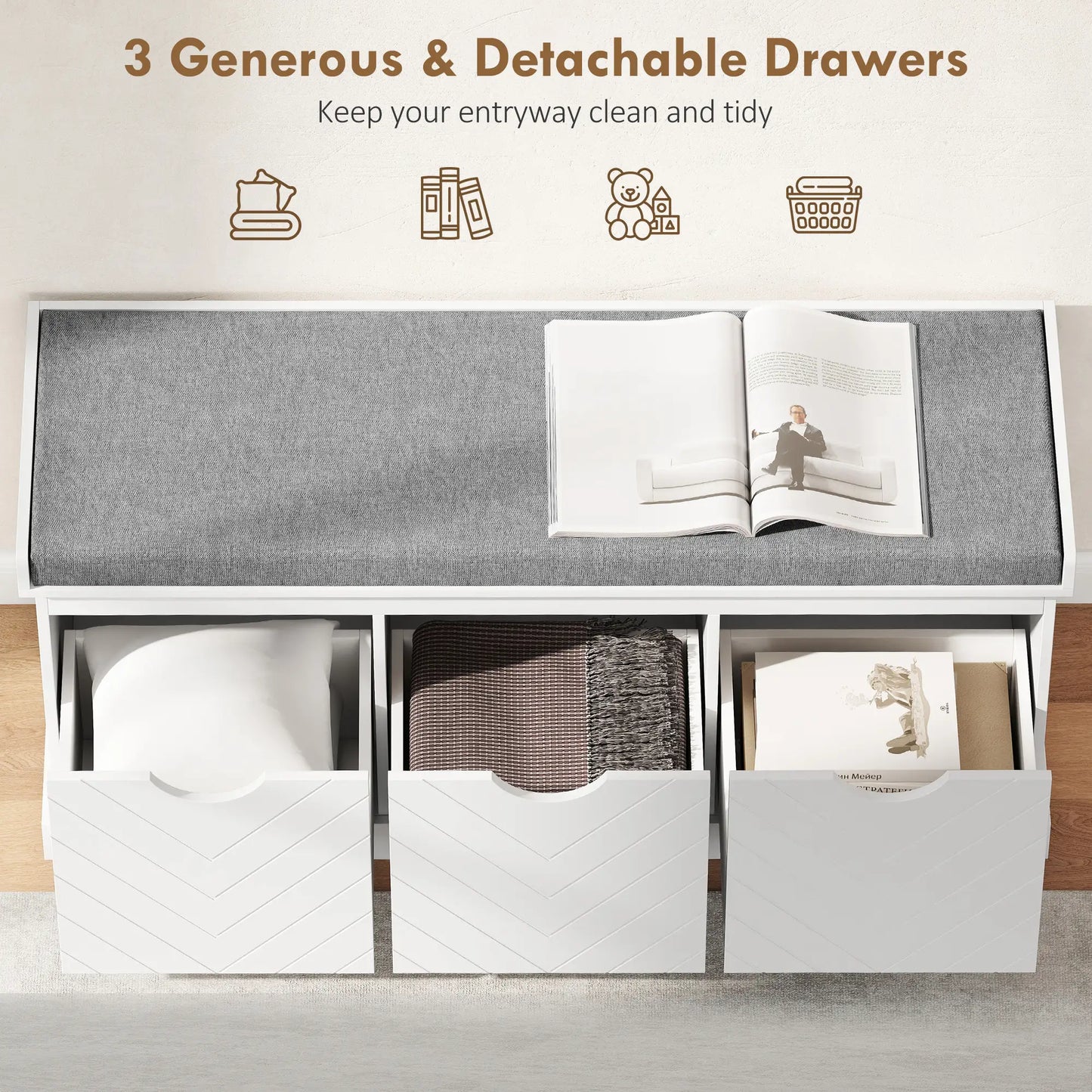Shoe Storage Bench, 3 Drawers, Padded Seat, White Shoe Storage Cabinets & Racks at Gallery Canada